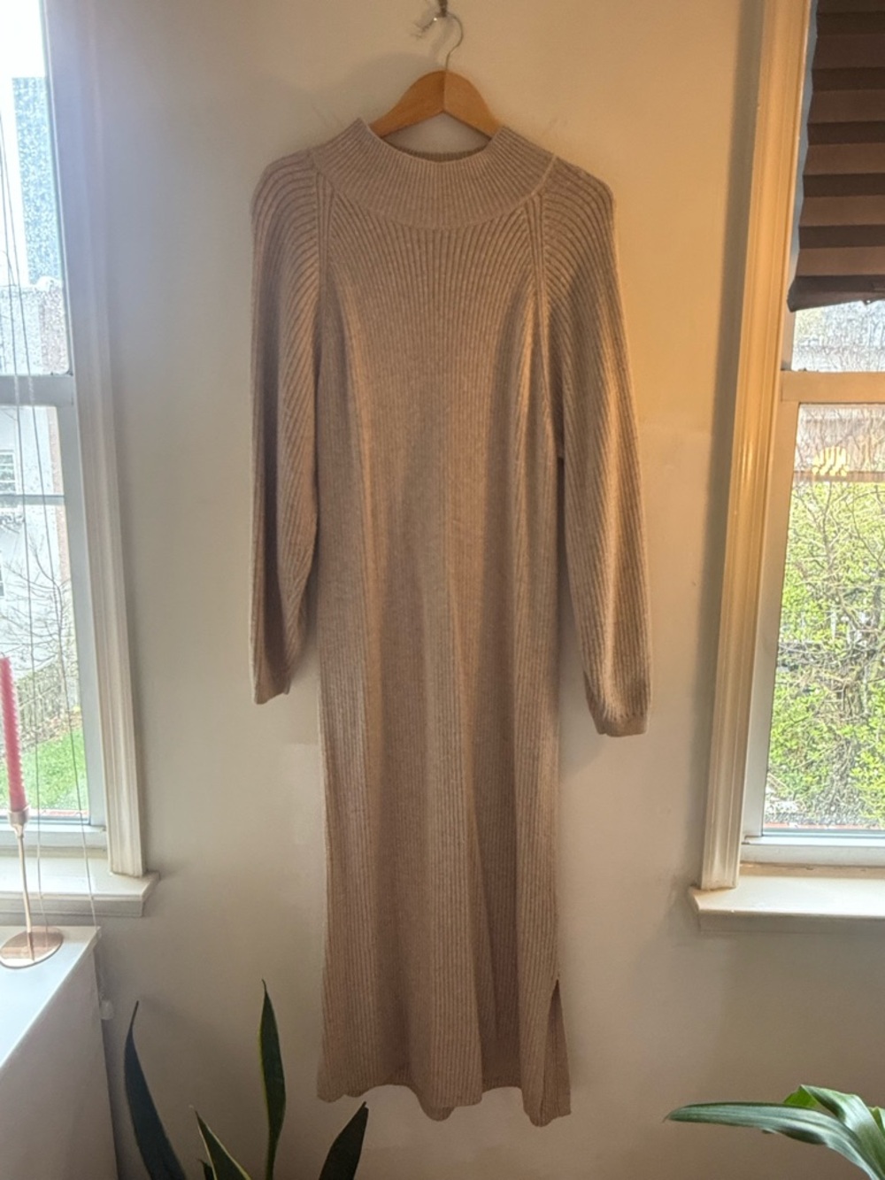 & Other Stories Beige Ribbed Knit Long Sleeve Midi Dress